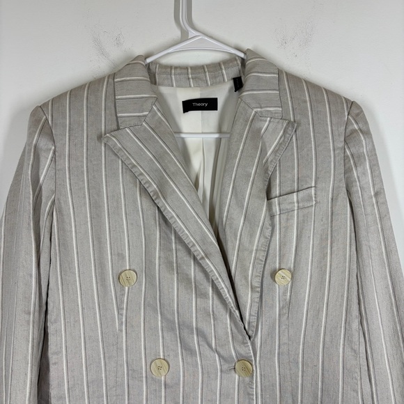 Theory Blazer Double Breasted Tailor Jacket Striped Linen Size 8 - Picture 4 of 16